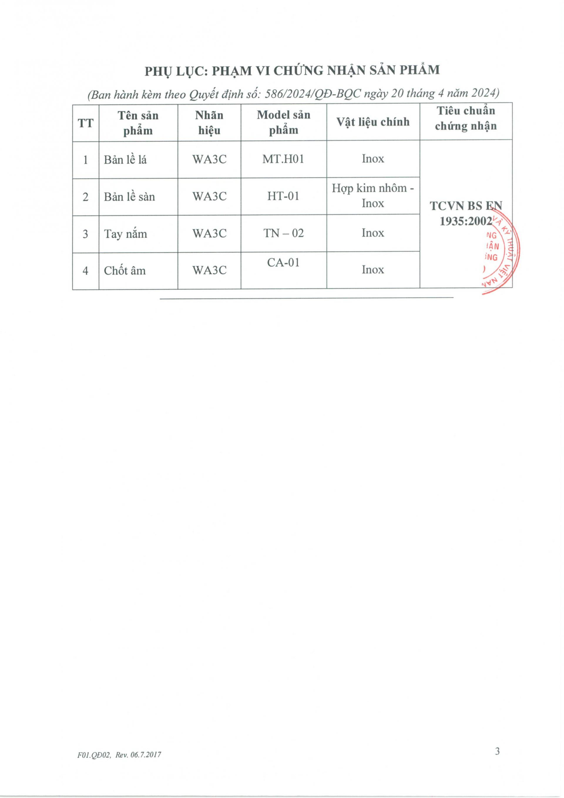 Chứng nhận chất lượng Bản Lề Cửa 04
