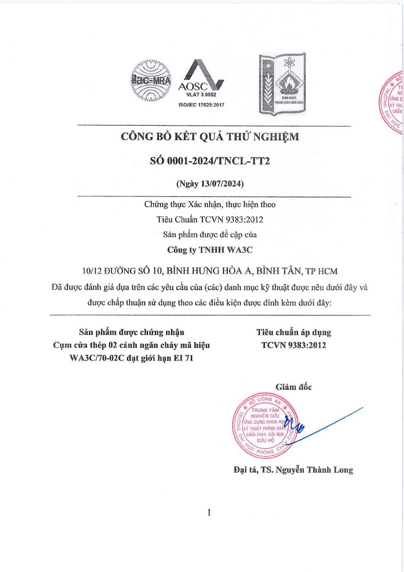 Chứng nhận kiểm định PCCC cửa đôi 2 chiều