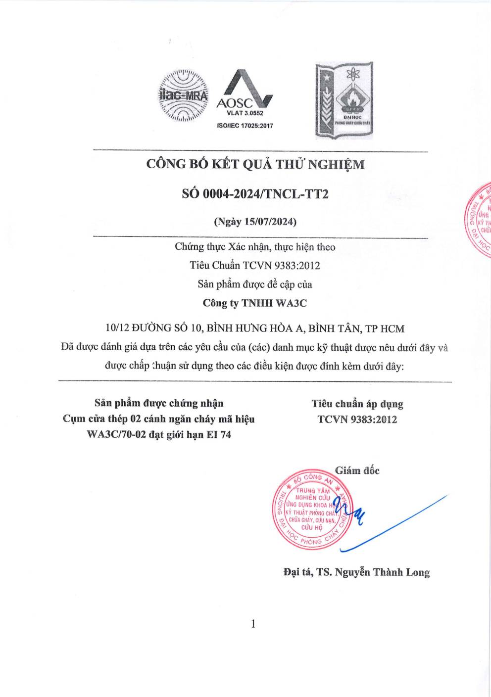 Chứng nhận kiểm định PCCC cửa đôi một chiều